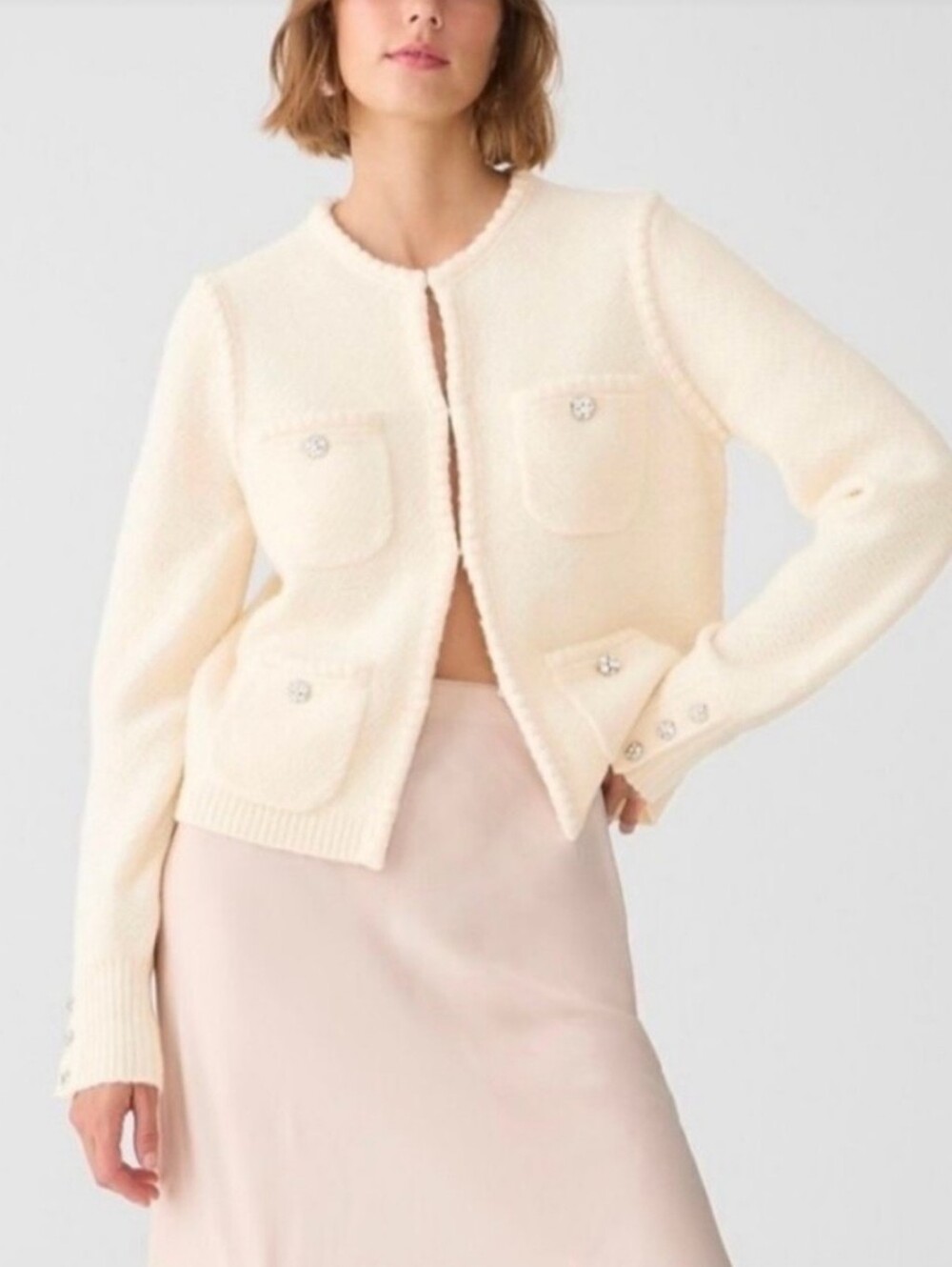J. Crew Odette Lady Jacket Cream Knit Pocket Cardigan Sweater Jewel Buttons NWOT